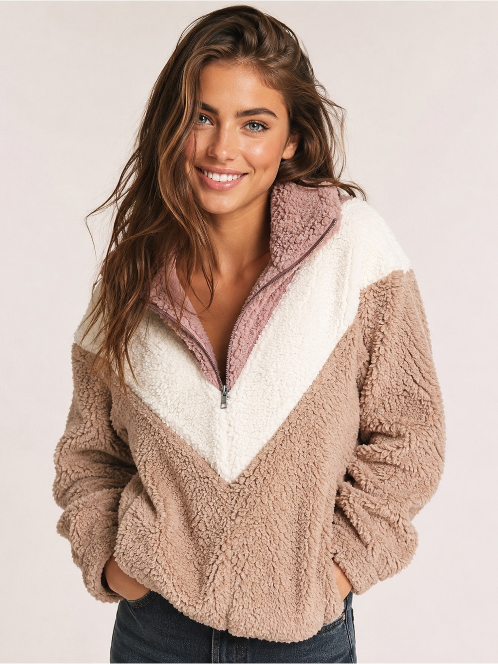 Nine‎ West Pullover Sweater Cozycore Valentines Sherpa Teddy Soft Zip Fluffy